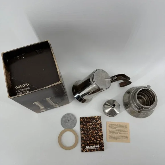 Vintage Alessi 9090/6 Compasso d'oro Espresso Coffee Maker Italy w/ Box & Manual